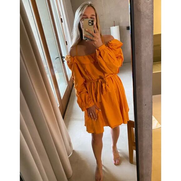 Marissa Webb Cold‎ Shoulder Dress Dress Orange Linen Blend Long Sleeve Sz 12 - Picture 5 of 15